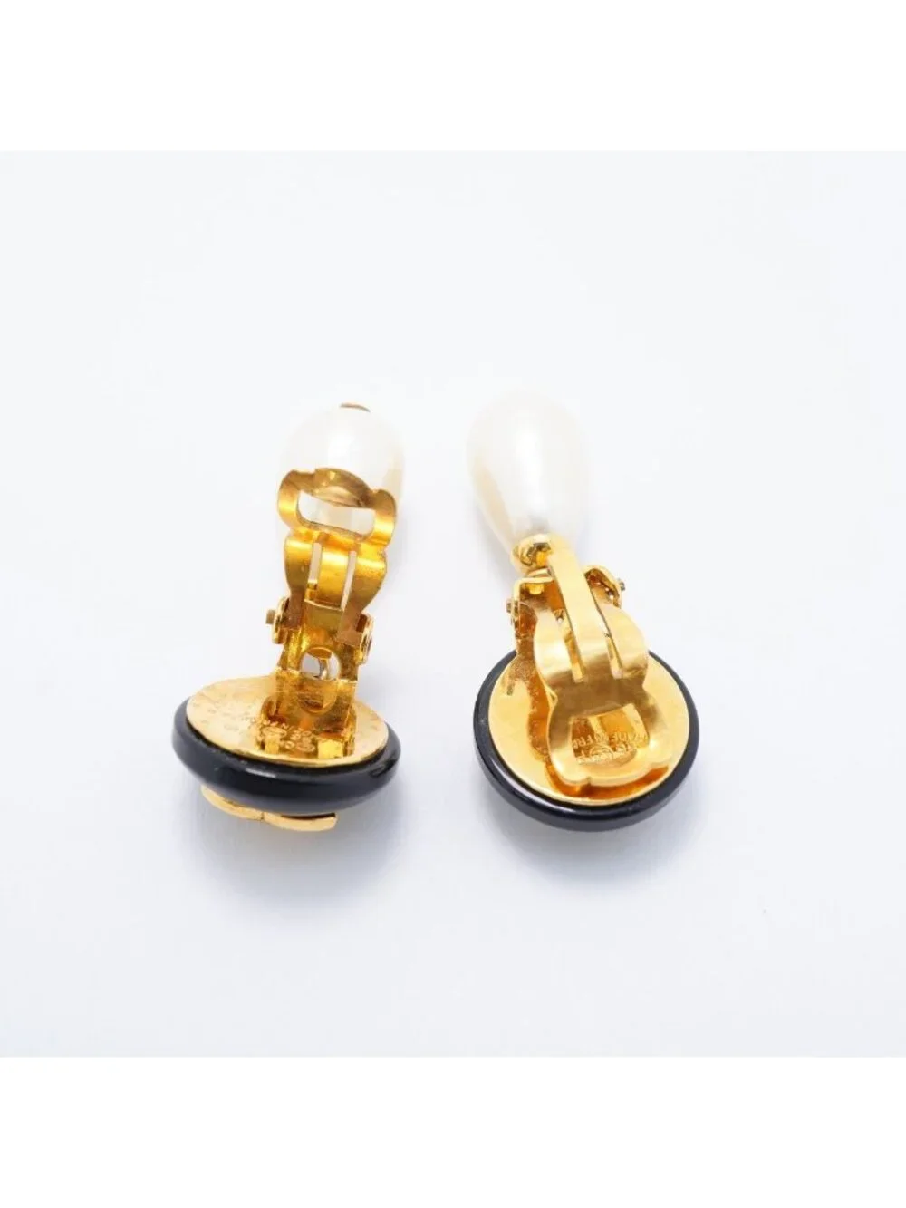 Chanel Earrings Vintage CC Logo Gold Plated Faux Pearl Black